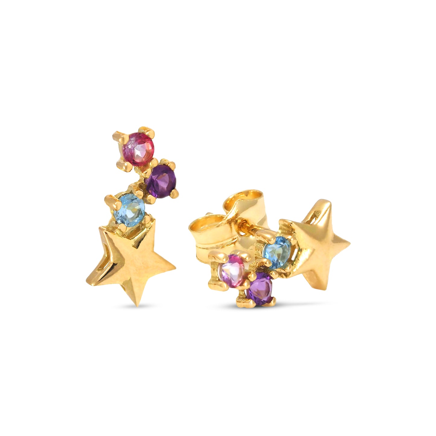 18K Yellow Gold Star with Amethyst, Pink & Sky Blue Topaz Cluster Pushback Earrings