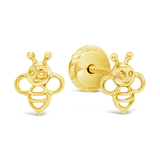18K Yellow Gold Tiny Bee Screwback Earrings