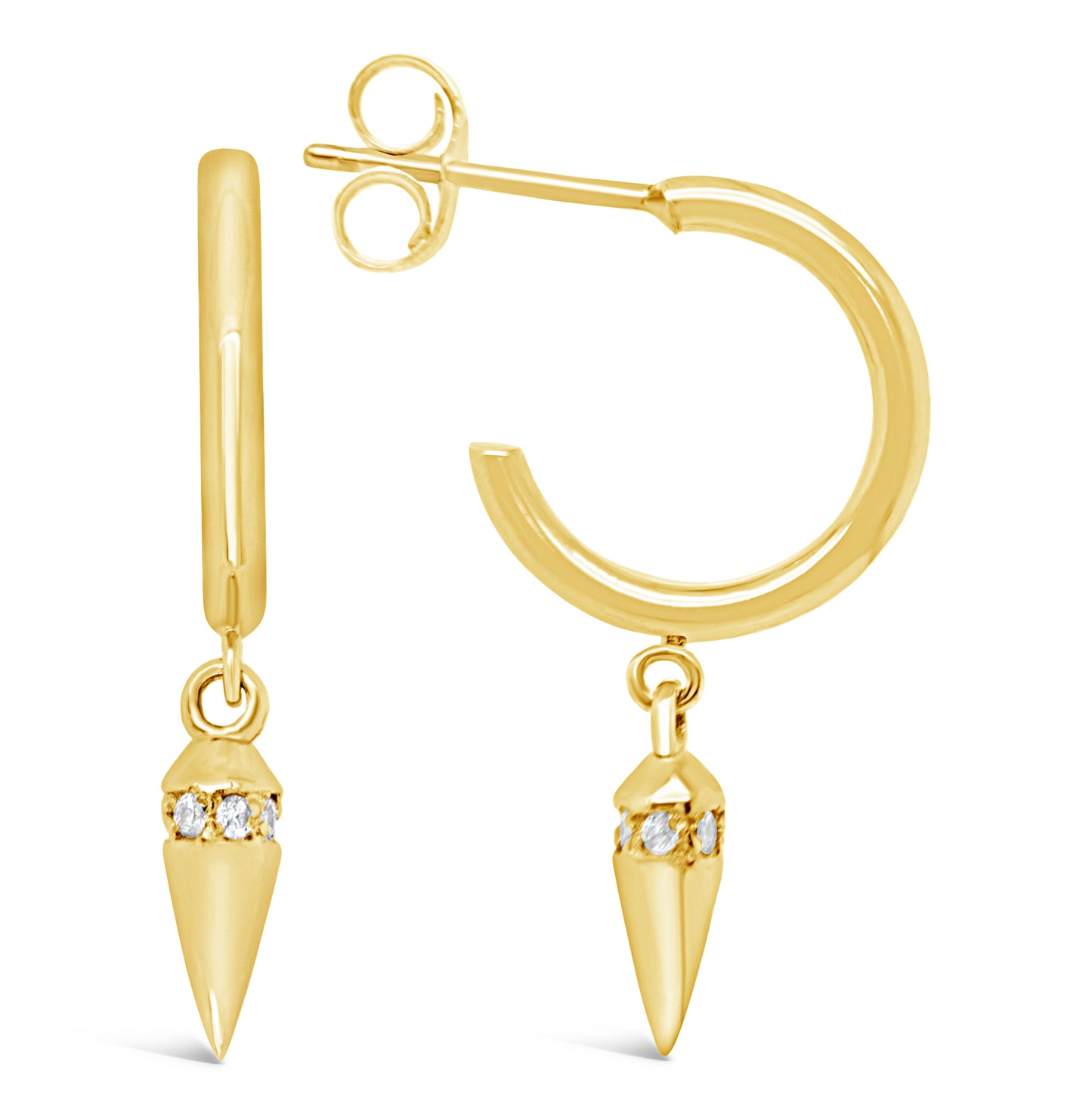 18K Yellow Gold CZ Dangle Cone Hoop Pushback Earrings