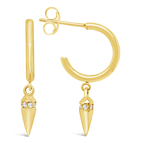 18K Yellow Gold CZ Dangle Cone Hoop Pushback Earrings