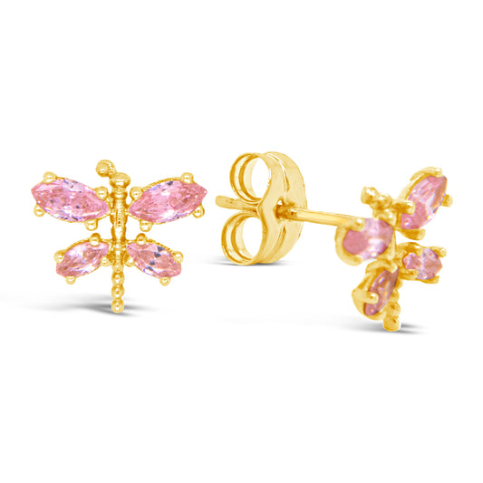 18K Yellow Gold Pink CZ Dragonfly Pushback Earrings