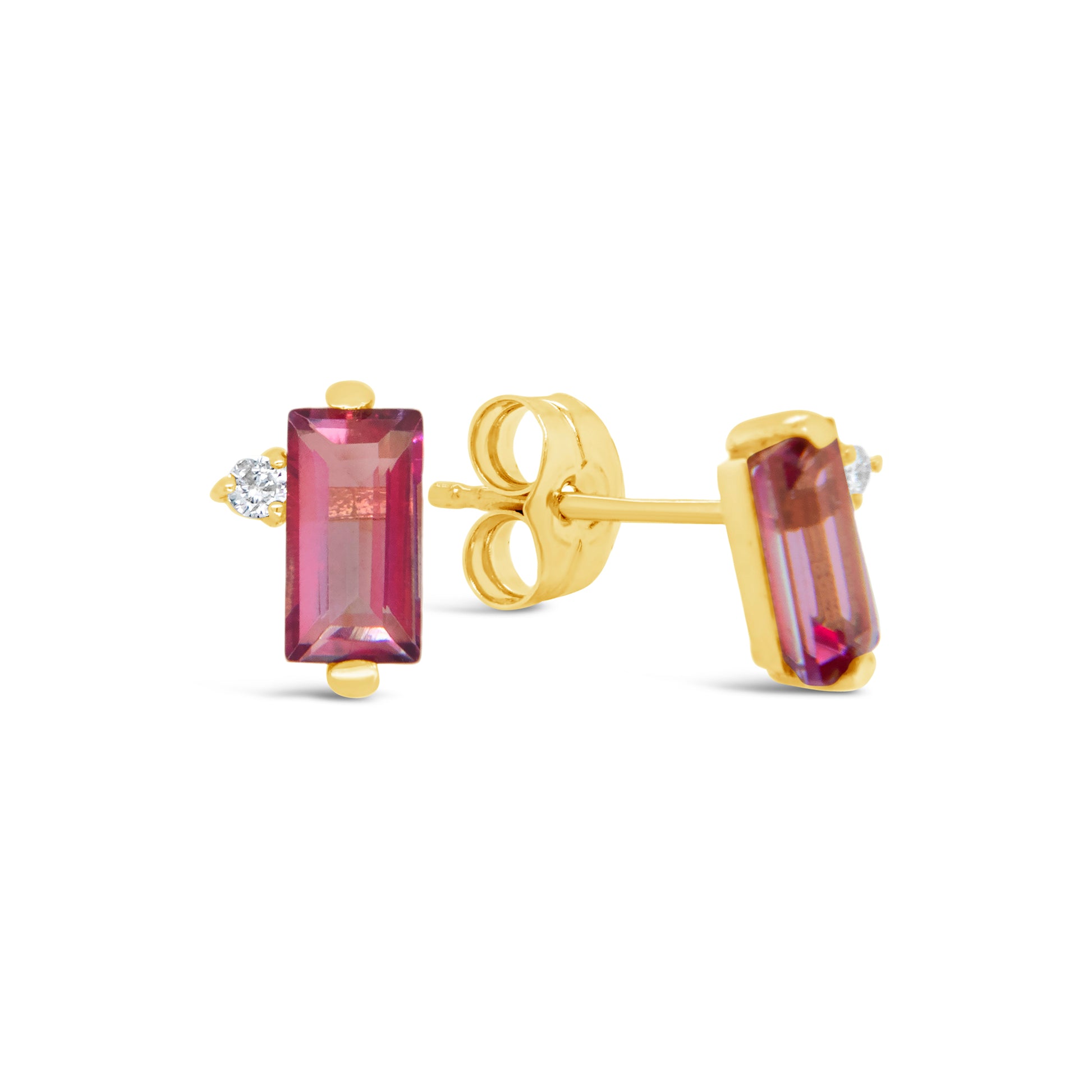 18k Yellow Gold Diamond and Pink Topaz Pushback Earrings-1