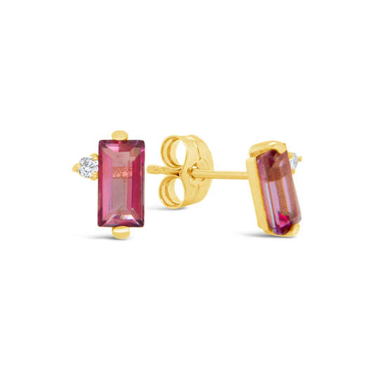 18k Yellow Gold Diamond and Pink Topaz Pushback Earrings-1