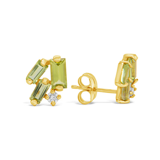18k Yellow Gold Peridot Baguette Cluster Pushback Earrings