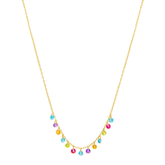 18k Yellow Gold Small Dangling Multi-Gem Semi Precious Stone Necklace