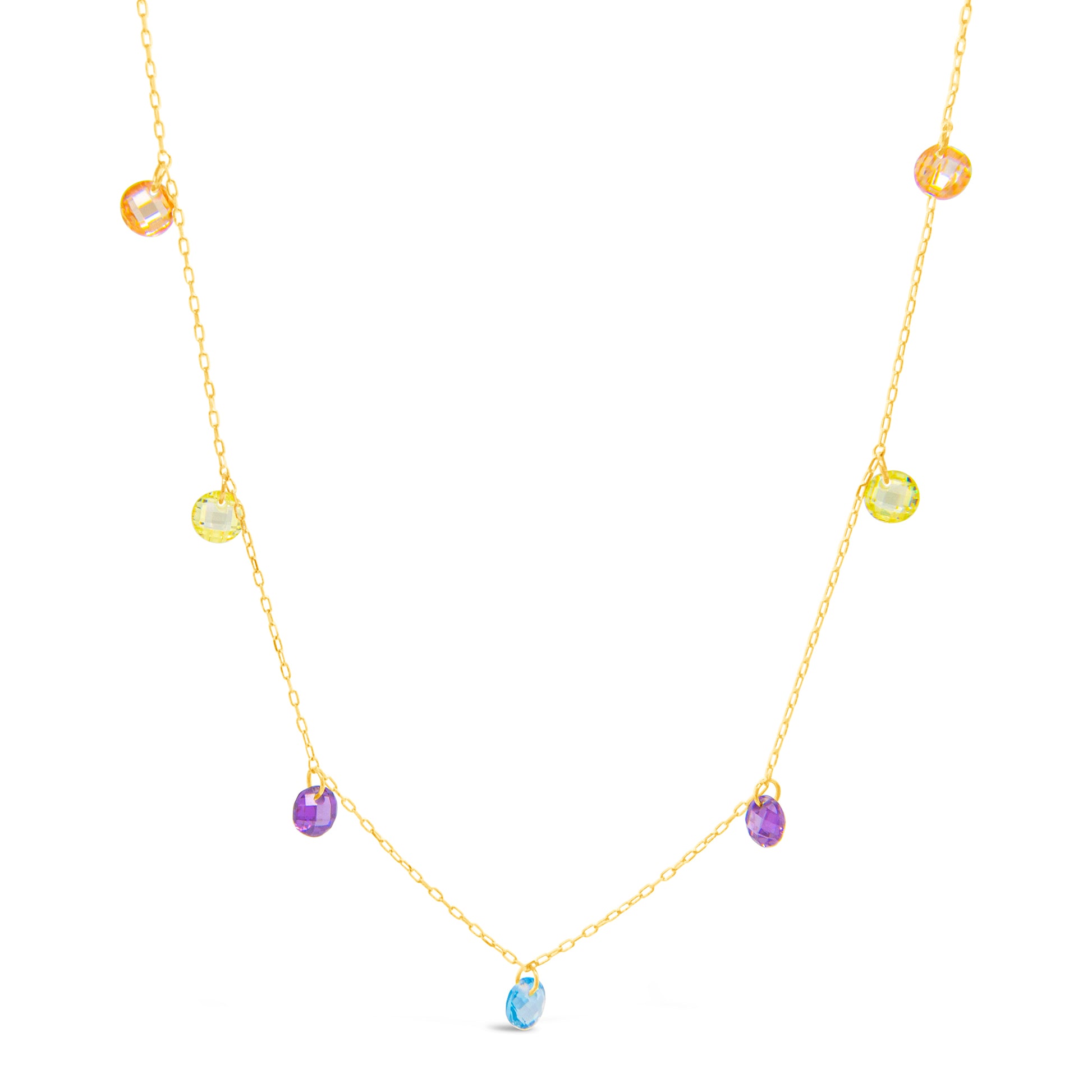 18k Yellow Gold Multi-Gem Dangling Citrine, Sky Blue Topaz, Peridot and Amathyst Necklace