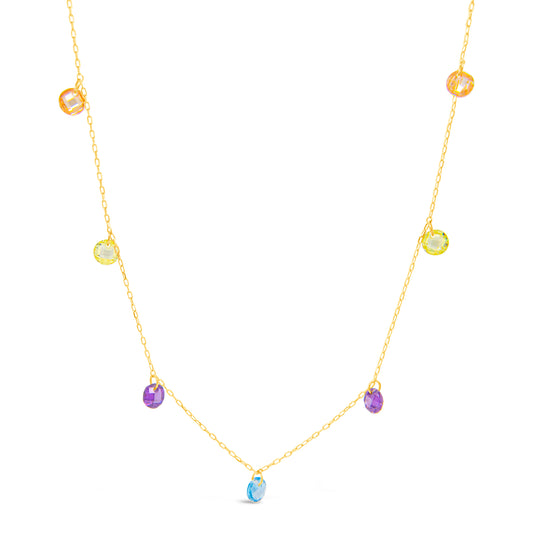 18k Yellow Gold Multi-Gem Dangling Citrine, Sky Blue Topaz, Peridot and Amathyst Necklace