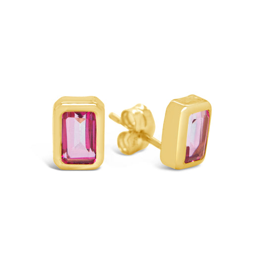 18K Yellow Gold Medium Pink Topaz Bezel-Set Pushback Earrings