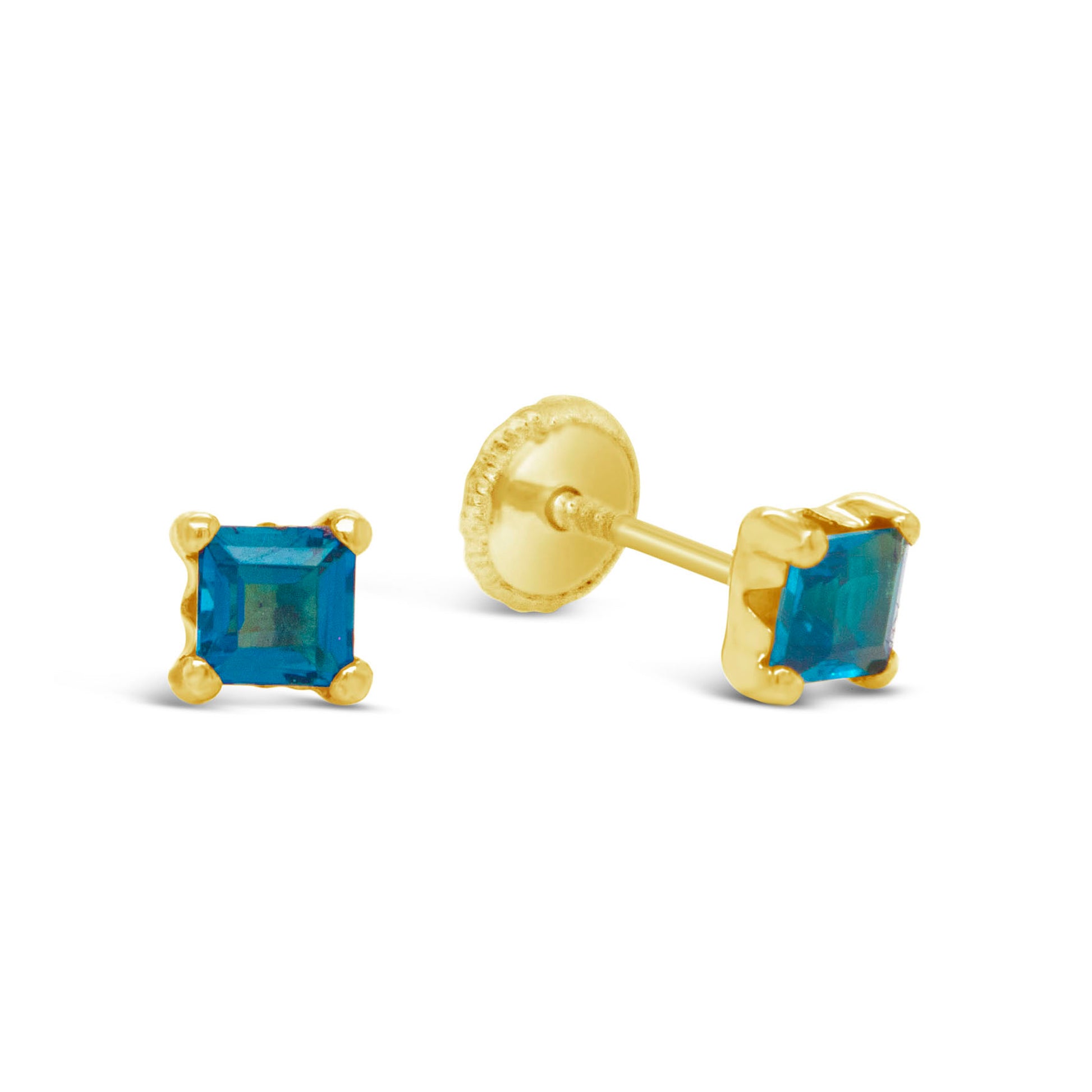 18k Yellow Gold Princess-Cut London Blue Topaz Screwback Earrings