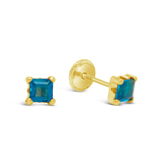 18k Yellow Gold Princess-Cut London Blue Topaz Screwback Earrings