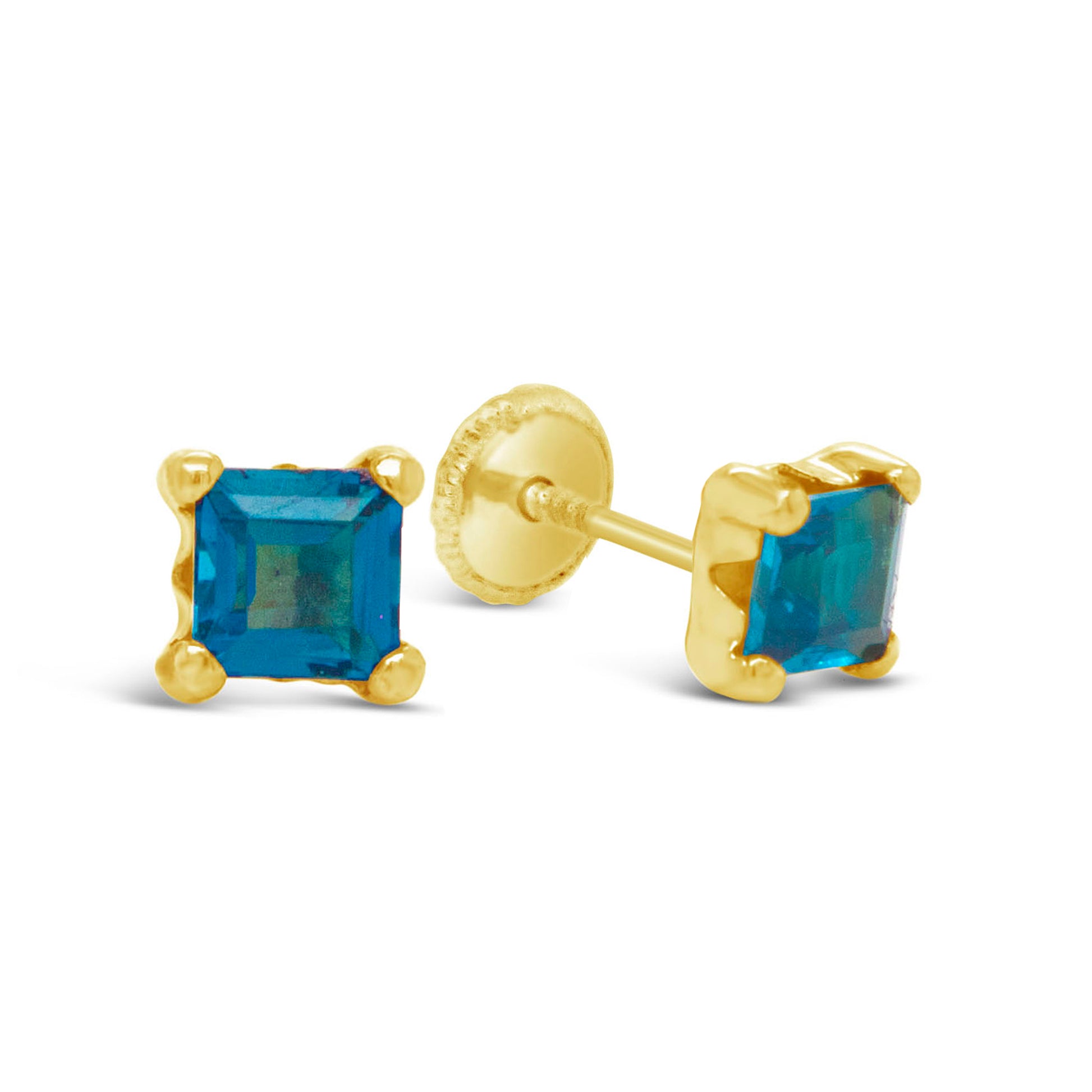 18k Yellow Gold Princess-Cut London Blue Topaz Screwback Earrings-1