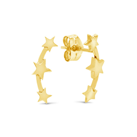 18K Yellow Gold Medium Triple Stars Earclimber Pushback Earrings