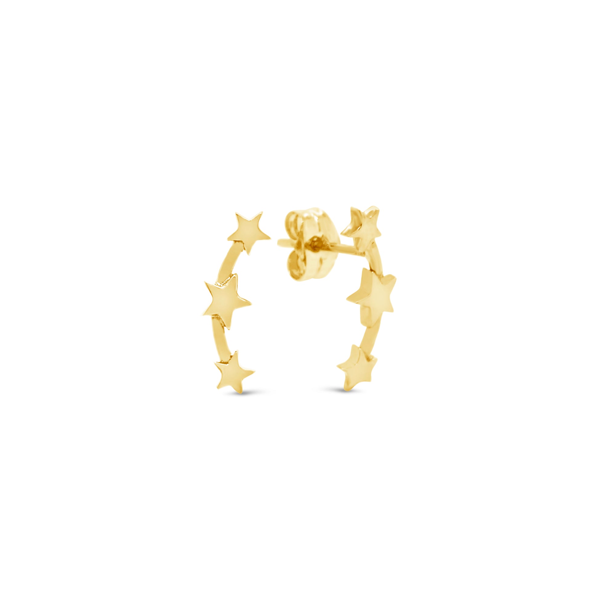 18K Yellow Gold Small Triple Stars Earclimber Pushback Earrings