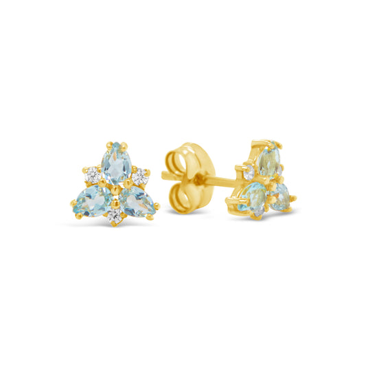 18K Yellow Gold Sky Blue Topaz Cluster Pushback Earrings