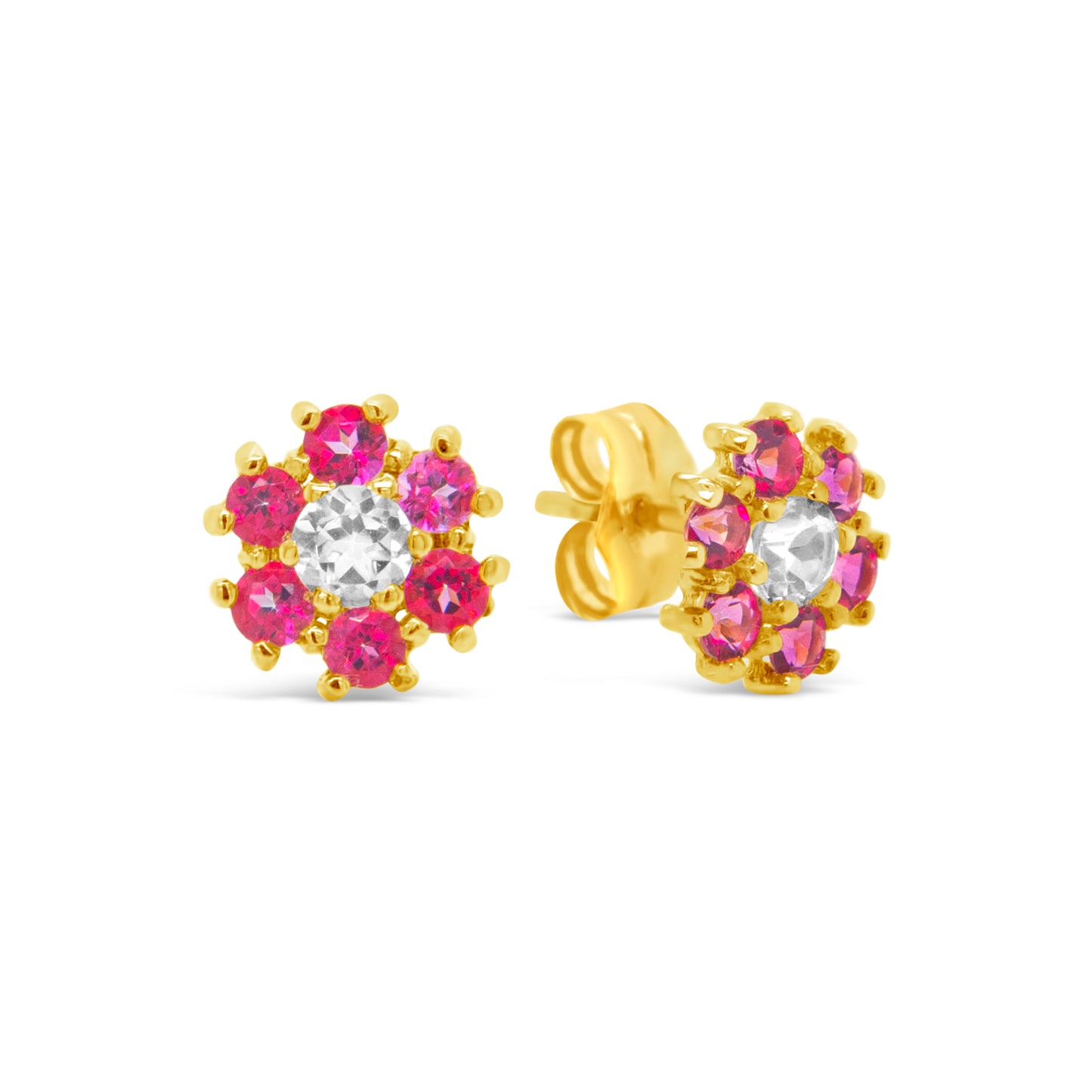 18K Yellow Gold Floral Pink Topaz Pushback Earrings