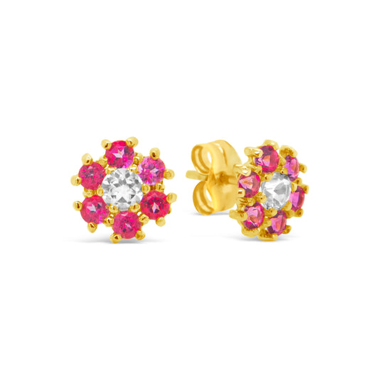 18K Yellow Gold Floral Pink Topaz Pushback Earrings