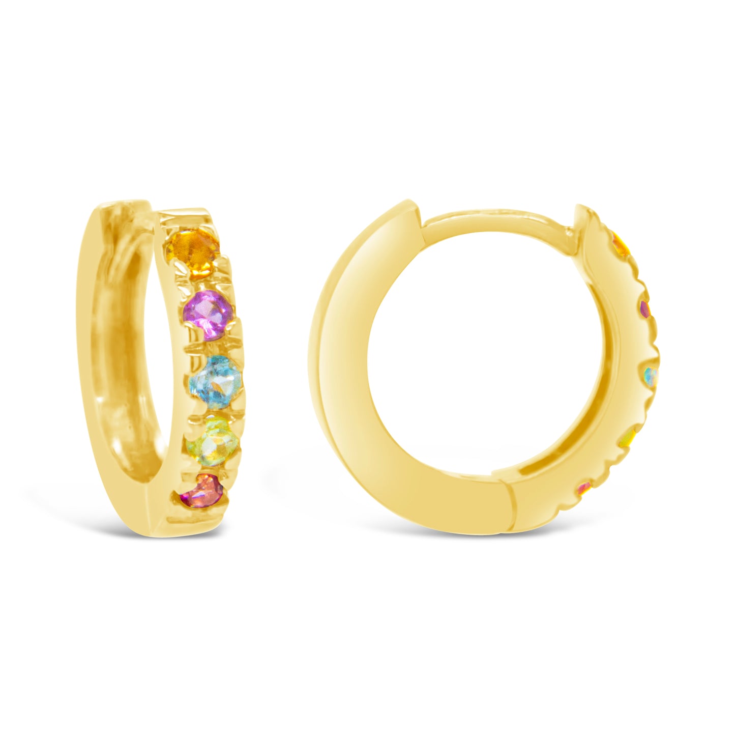 18K Yellow Gold Rainbow Semi-Precious Huggie Earrings