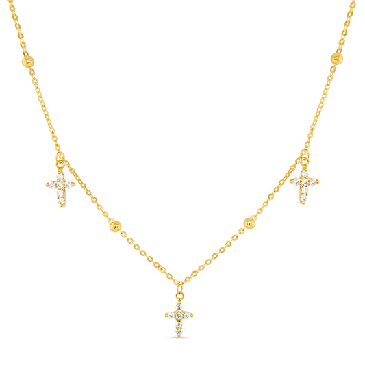 18K Yellow Gold CZ Dangle Crosses Necklace
