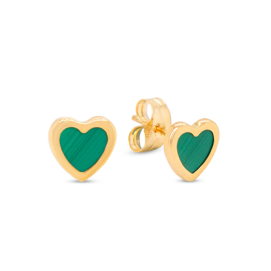 18K Yellow Gold Medium Malachite Heart Earrings