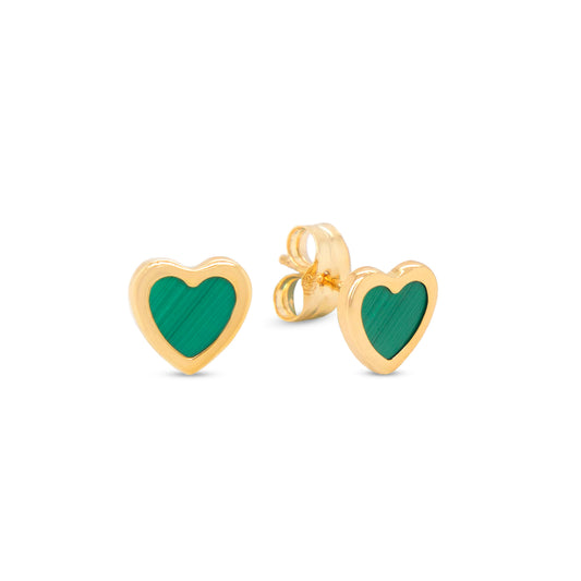18K Yellow Gold Small Malachite Heart Earrings