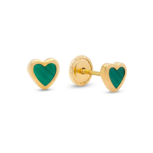 18K Yellow Gold Extra Small Malachite Heart Earrings