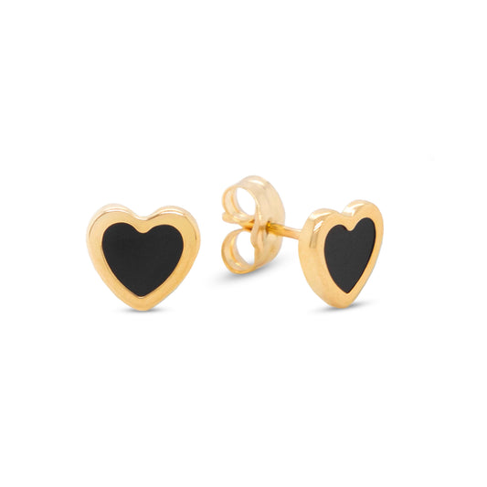 18K Yellow Gold Medium Onyx Heart Earrings