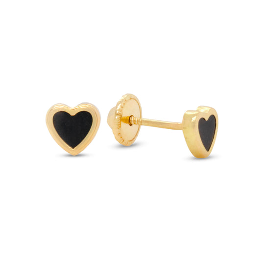 18K Yellow Gold Extra Small Onyx Heart Earrings
