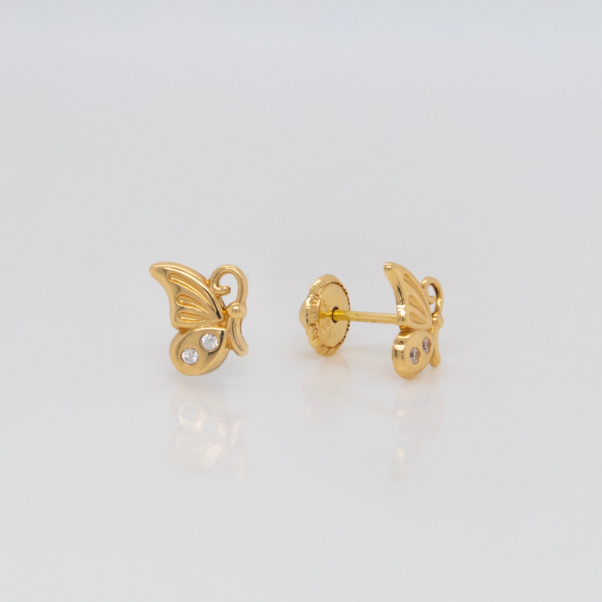 18K Yellow Gold CZ Butterfly Wing Screwback Earrings