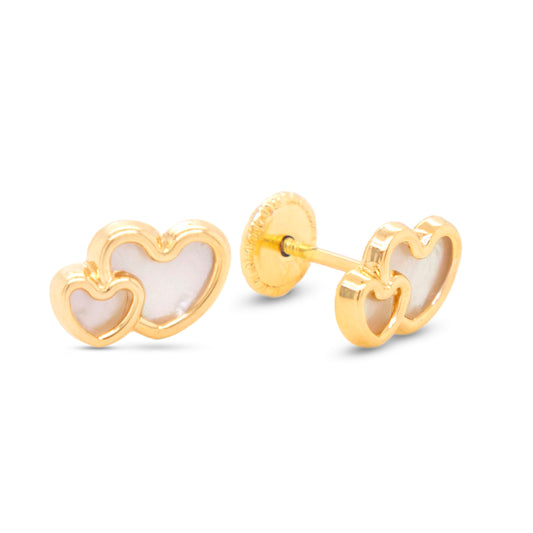 18k Yellow Gold Mother of Pearl Double Heart Earring