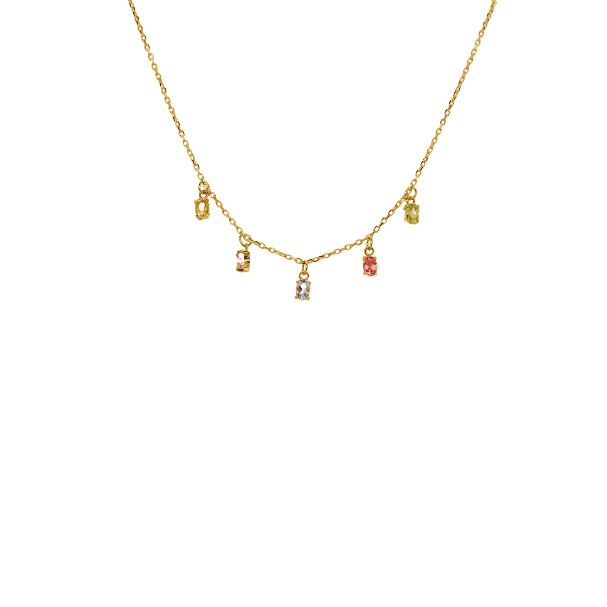 18k Yellow Gold Multi-Gem Dangling Citrine, Amathyst, Peridot, Sky Blue and Pink Topaz Necklace