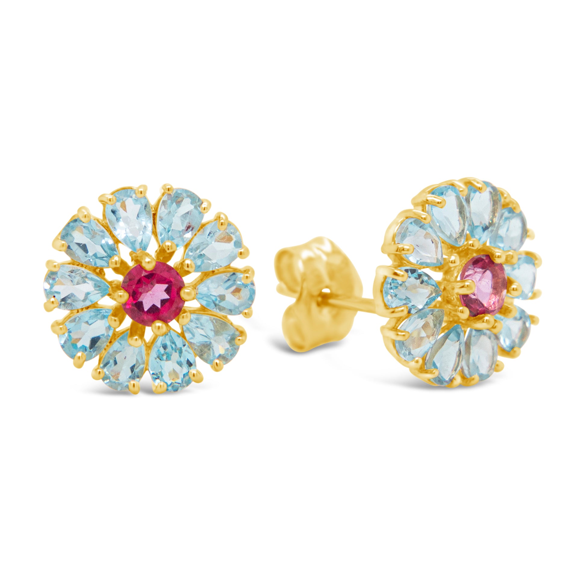18k Yellow Gold Floral Pink and Sky Blue Topaz Pushback Earrings
