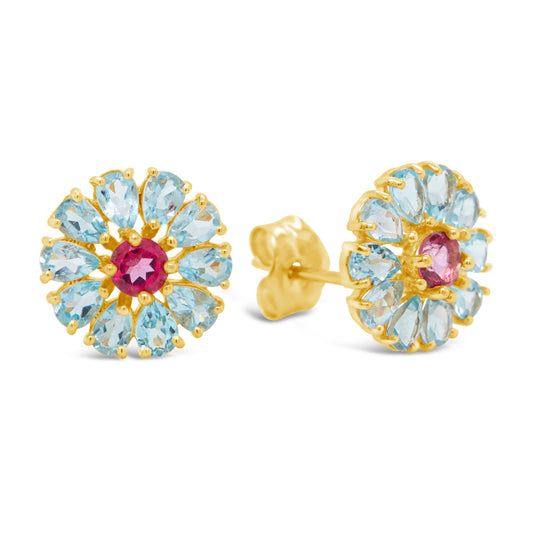 18k Yellow Gold Floral Pink and Sky Blue Topaz Pushback Earrings