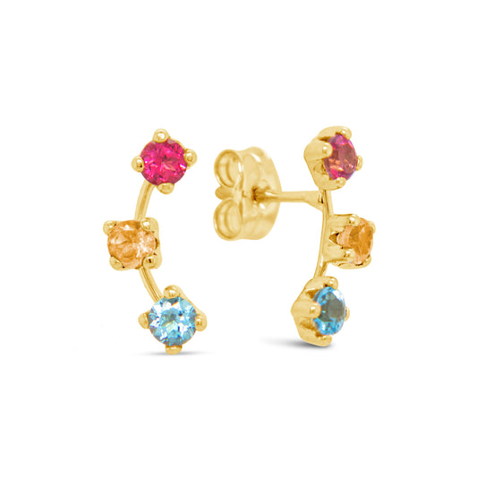 18k Yelow Gold Pink Topaz, Citrine & Sky Topaz Arc Pushback Earrings