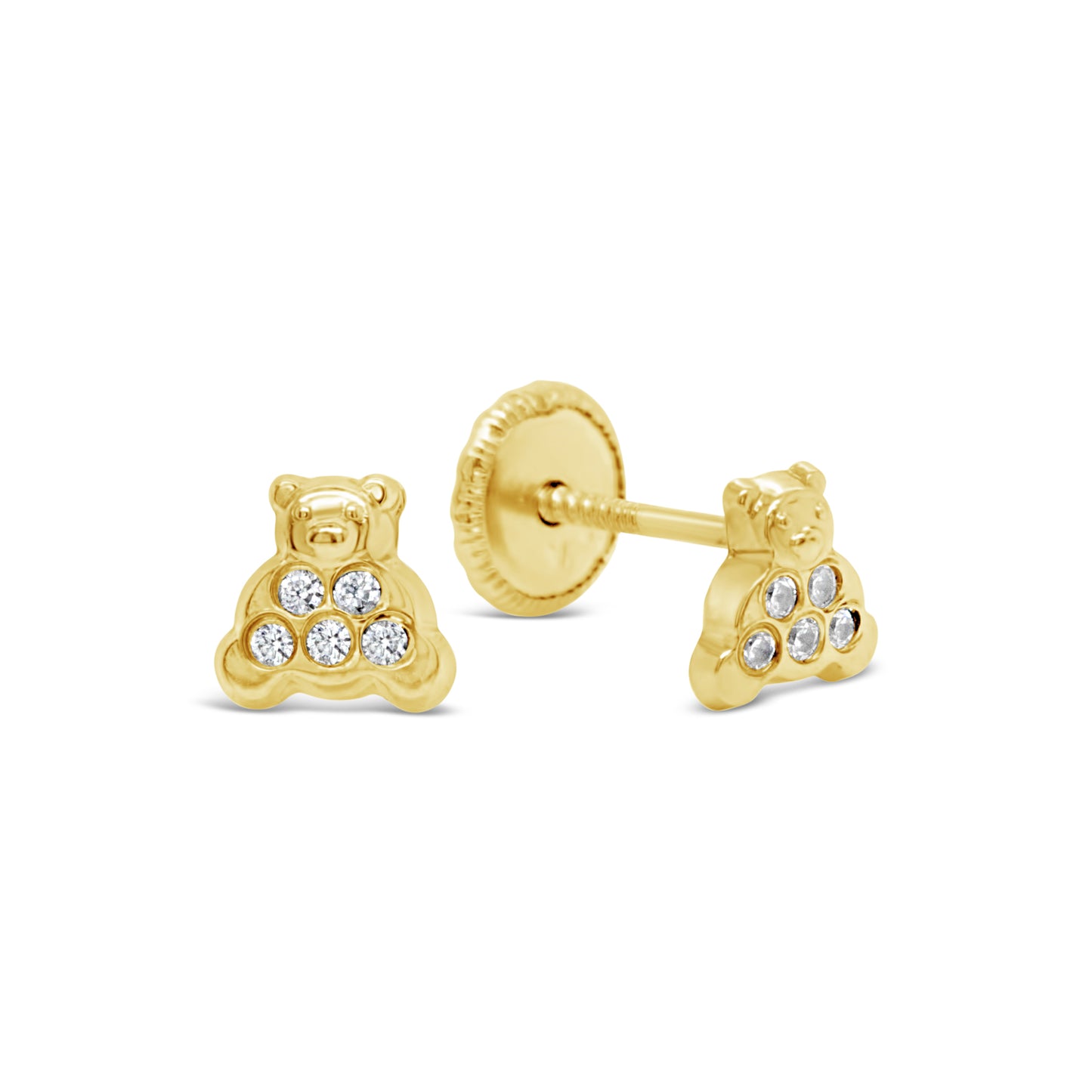 18K Yellow Gold CZ Teddy Bear Screwback Earrings