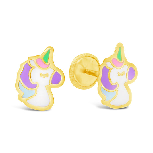 18K Yellow Gold Unicorn Head Enamel Screwback Earrings
