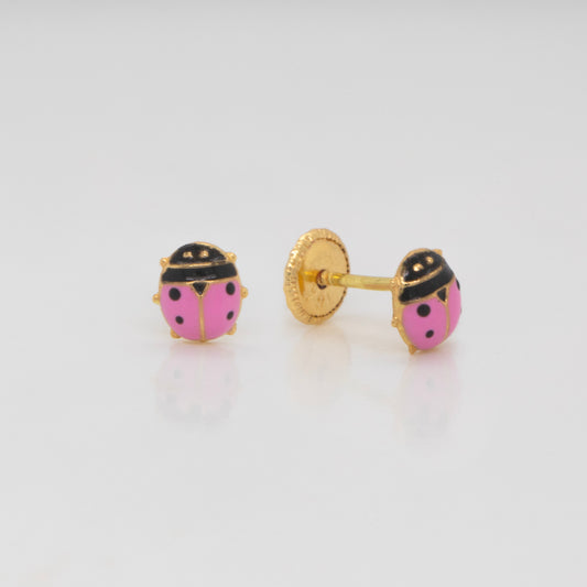 18K Yellow Gold Pink Ladybug Enamel Screwback Earrings
