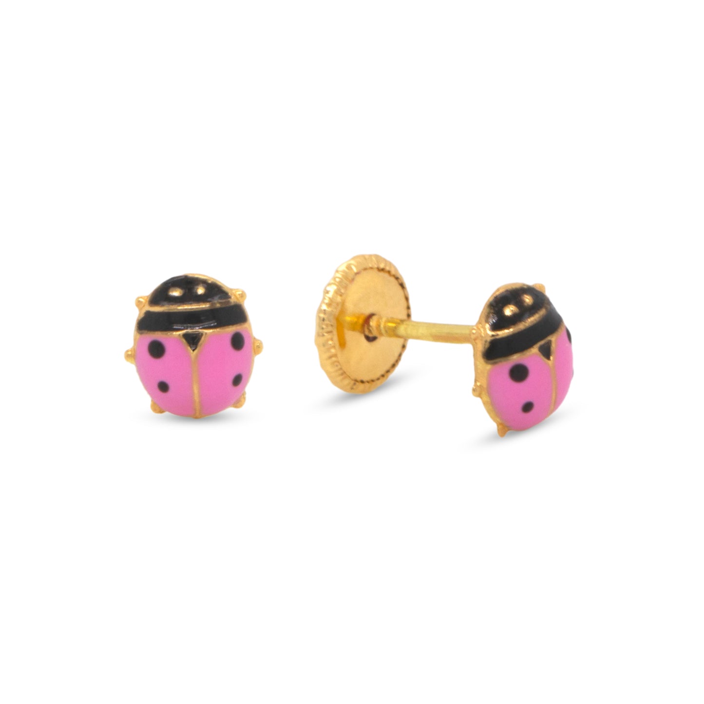 18K Yellow Gold Pink Ladybug Enamel Screwback Earrings