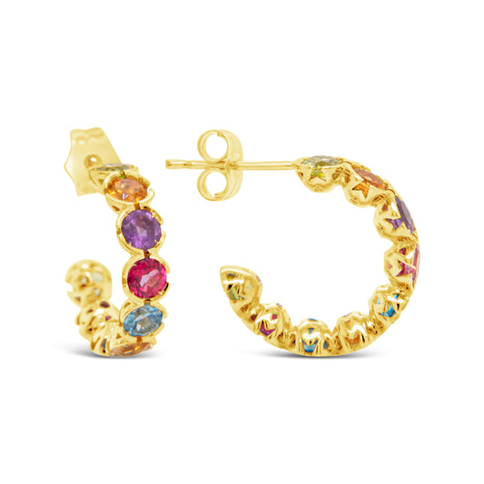 18k Yelllow Gold Multi-Gem Hoop Pushback Earrings
