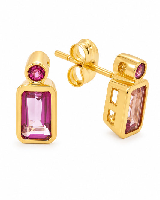 18k Yellow Gold Emerald Cut Pink Topaz Pushback Earrings
