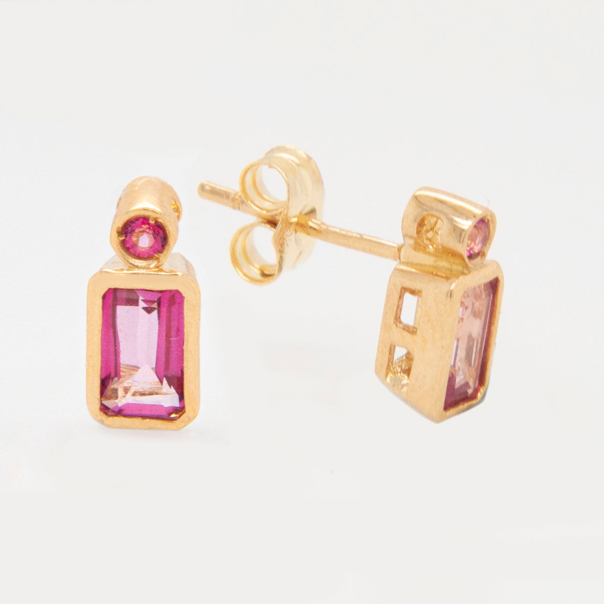 18k Yellow Gold Emerald Cut Pink Topaz Pushback Earrings