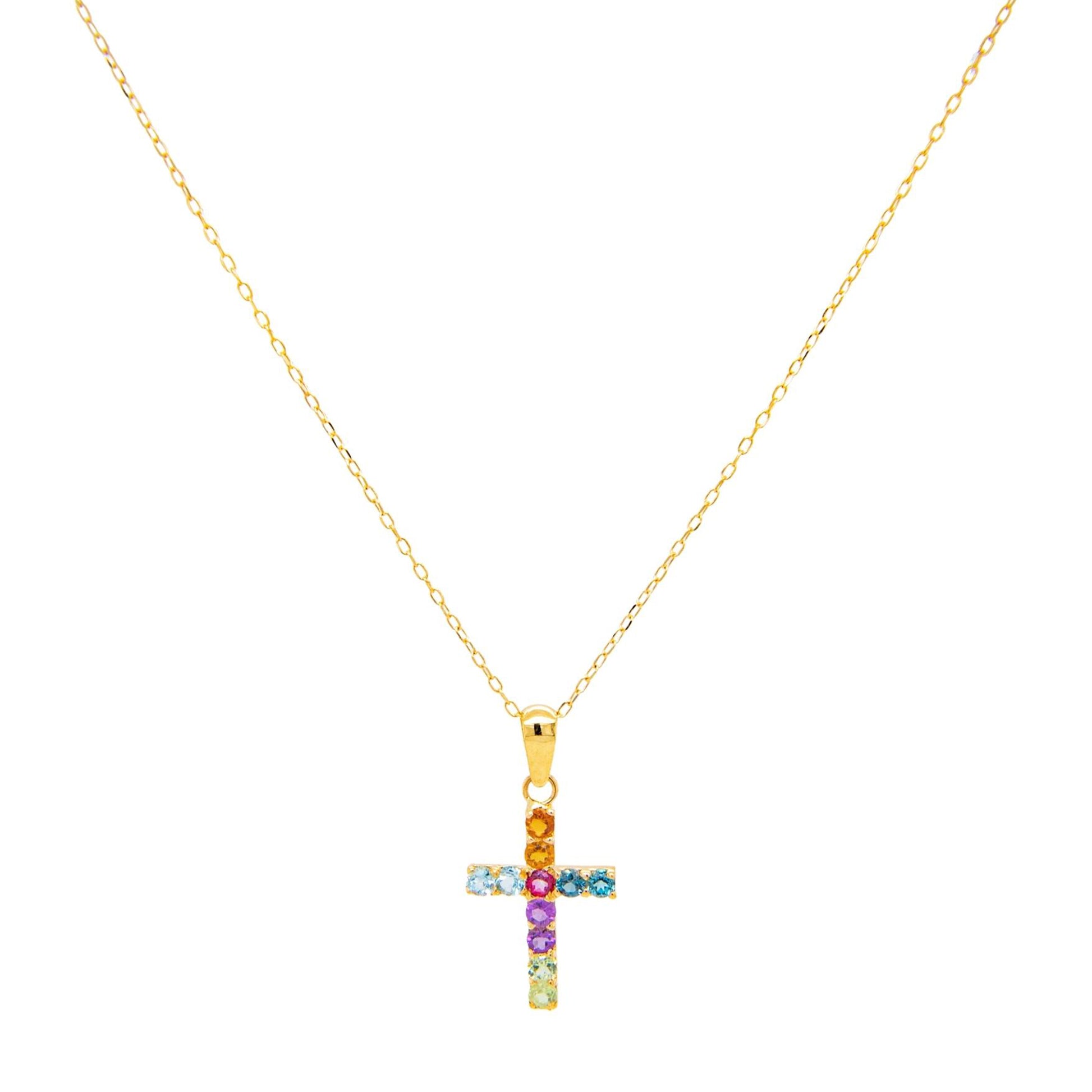 18k Yellow Gold Multi-Gem Semi Precious Stone Cross Necklace