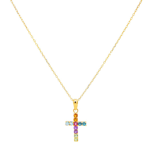 18k Yellow Gold Multi-Gem Semi Precious Stone Cross Necklace