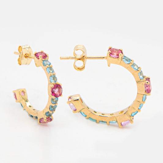 18K Yellow Gold Pink Topaz & Sky Blue Topaz Hoop Pushback Earrings