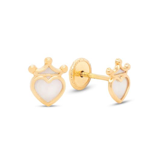 18k Yellow Gold Mother of Pearl Crowned Heart Earring