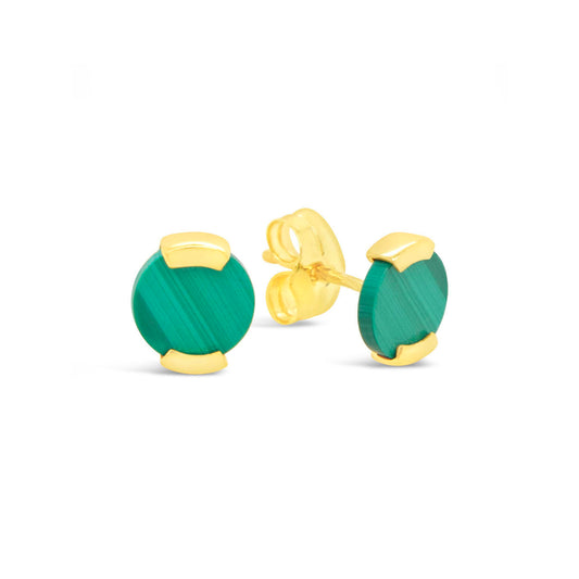 18K Yellow Gold Round Malachite Earrings