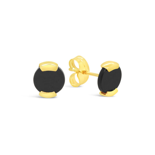 18K Yellow Gold Round Onyx Earrings