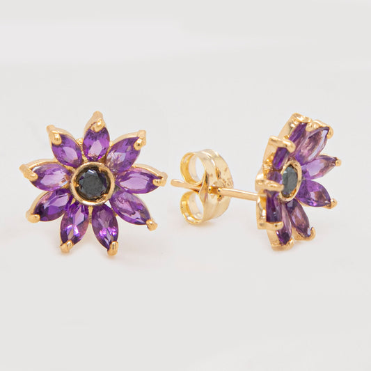 18k Yellow Gold Floral Amethyst and Black Diamond Pushback Earrings