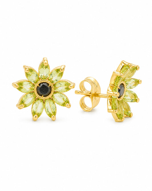 18k Yellow Gold Floral Peridot and Black Diamond Pushback Earrings