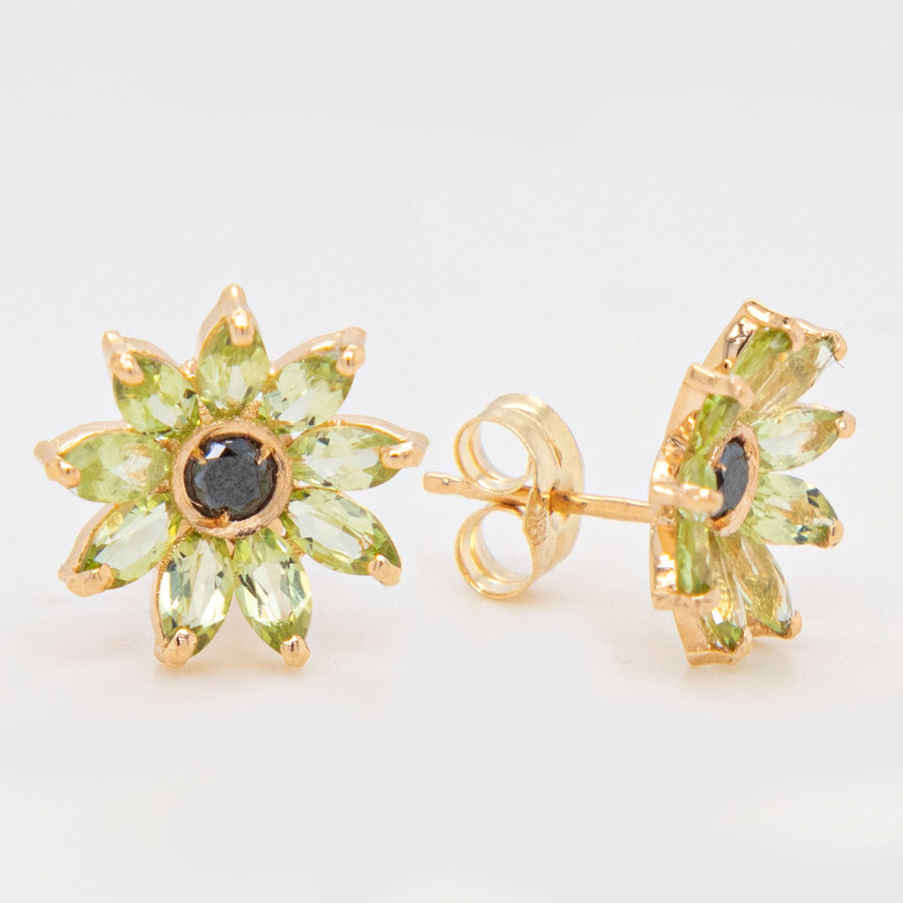 18k Yellow Gold Floral Peridot and Black Diamond Pushback Earrings