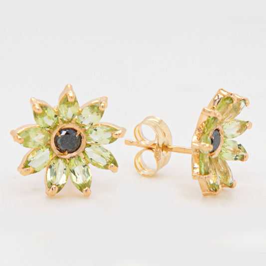 18k Yellow Gold Floral Peridot and Black Diamond Pushback Earrings